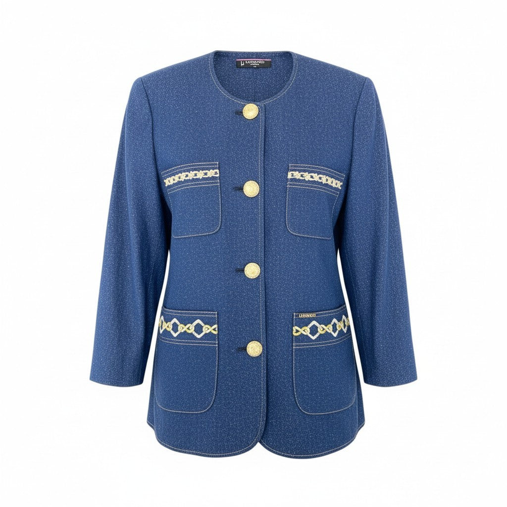 15Ⅼ1【美品】LEONARD レオナール ノーカラージャケット デニムジャケット 刺繍 金ボタン 11ARサイズ インディゴ レディースo07t