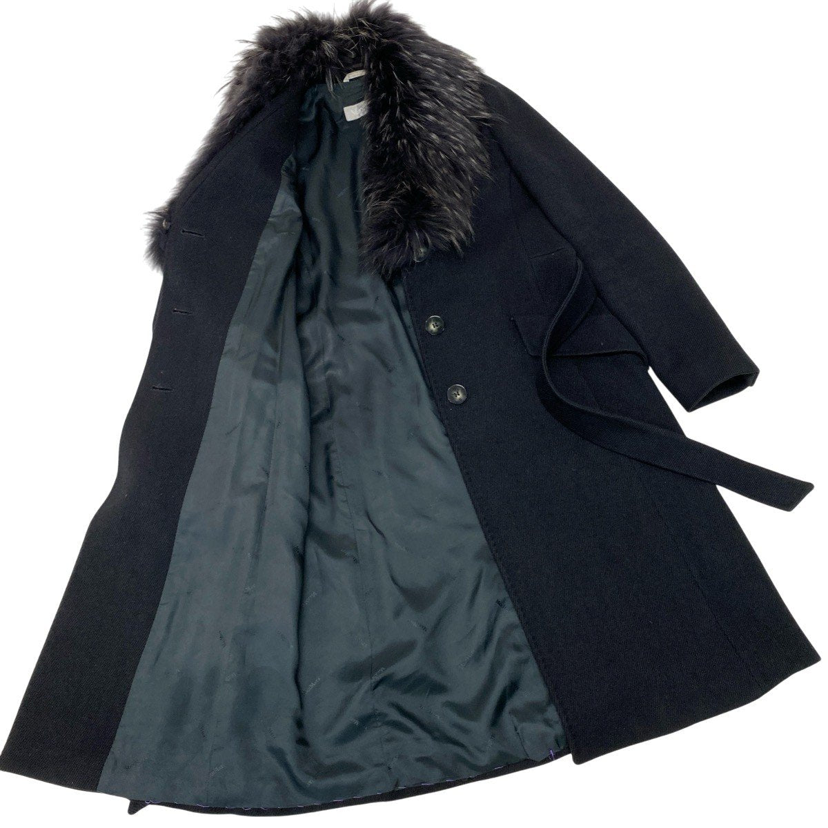 18g16 MaxMara マックスマーラ ラクーンファー ベルテッドコート ロング サイズ42 ブラック レディース 女性用u02t