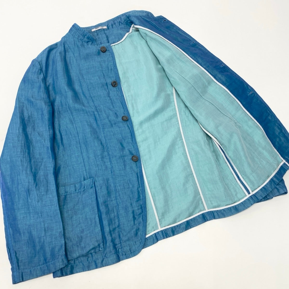 49g18 【美品】 ARMANI COLLEZIONI アルマーニコレツィオーネ スタンドカラージャケット EU54 ブルー系 コットン/リネン/シルク メンズ 紳士服u02t