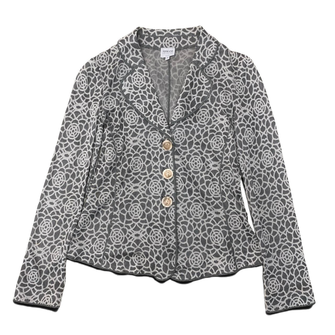 55h9 ARMANI COLLEZIONI アルマーニコレツィオーネ ニットジャケット ロングスリーブ カーディガン 総柄 サイズ38 グレー レディースu02t
