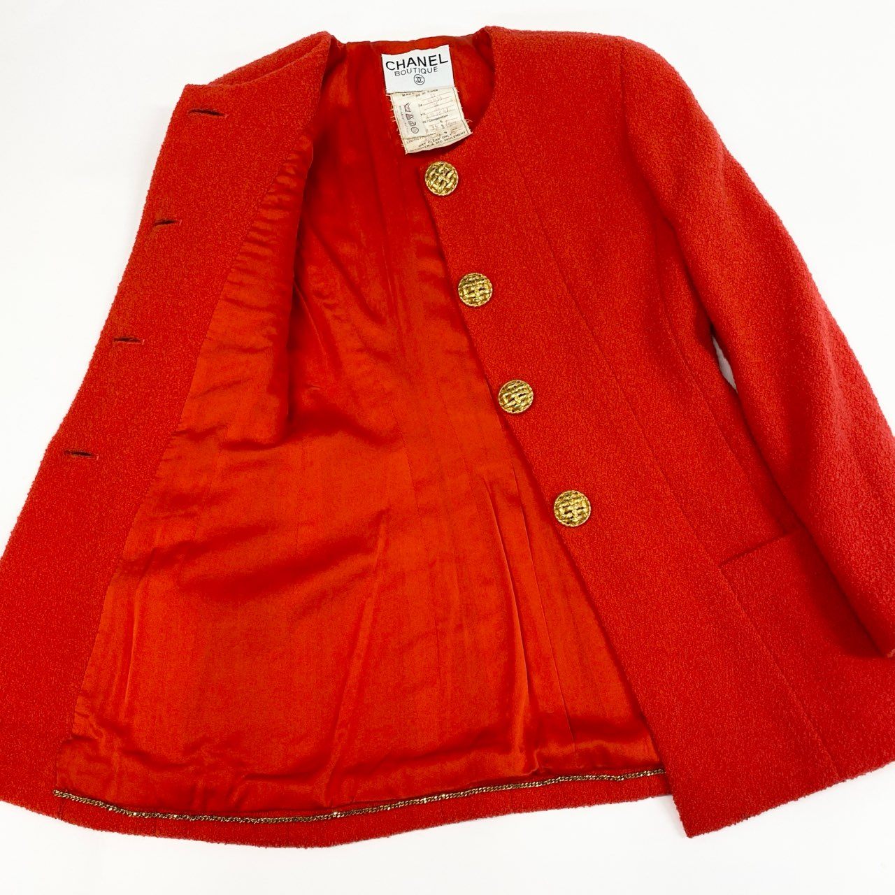 Ca15 【archive】CHANEL ヴィンテージ シャネル 1994年 ランウェイ ツイードジャケット スカート セットアップ ゴールドボタン サイズ36 レッド レディースta1