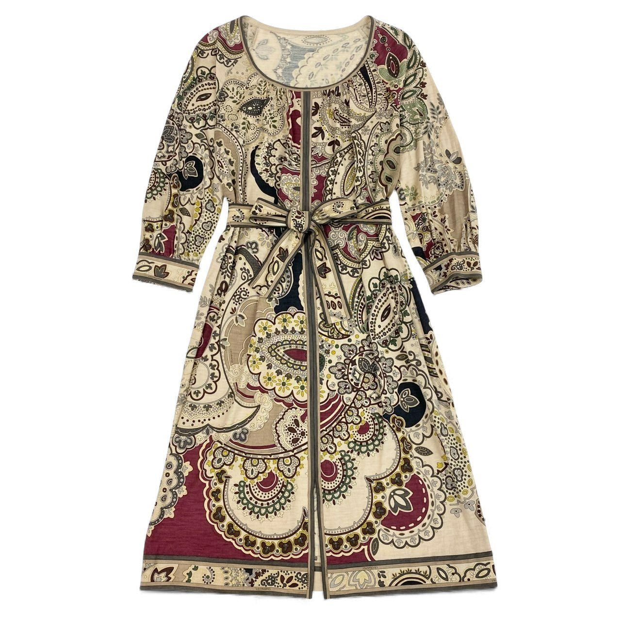 49L9 【美品】LEONARD レオナール 長袖ワンピース 膝丈ワンピース 総柄 ウエストリボン  Mサイズ マルチカラー レディースo07t