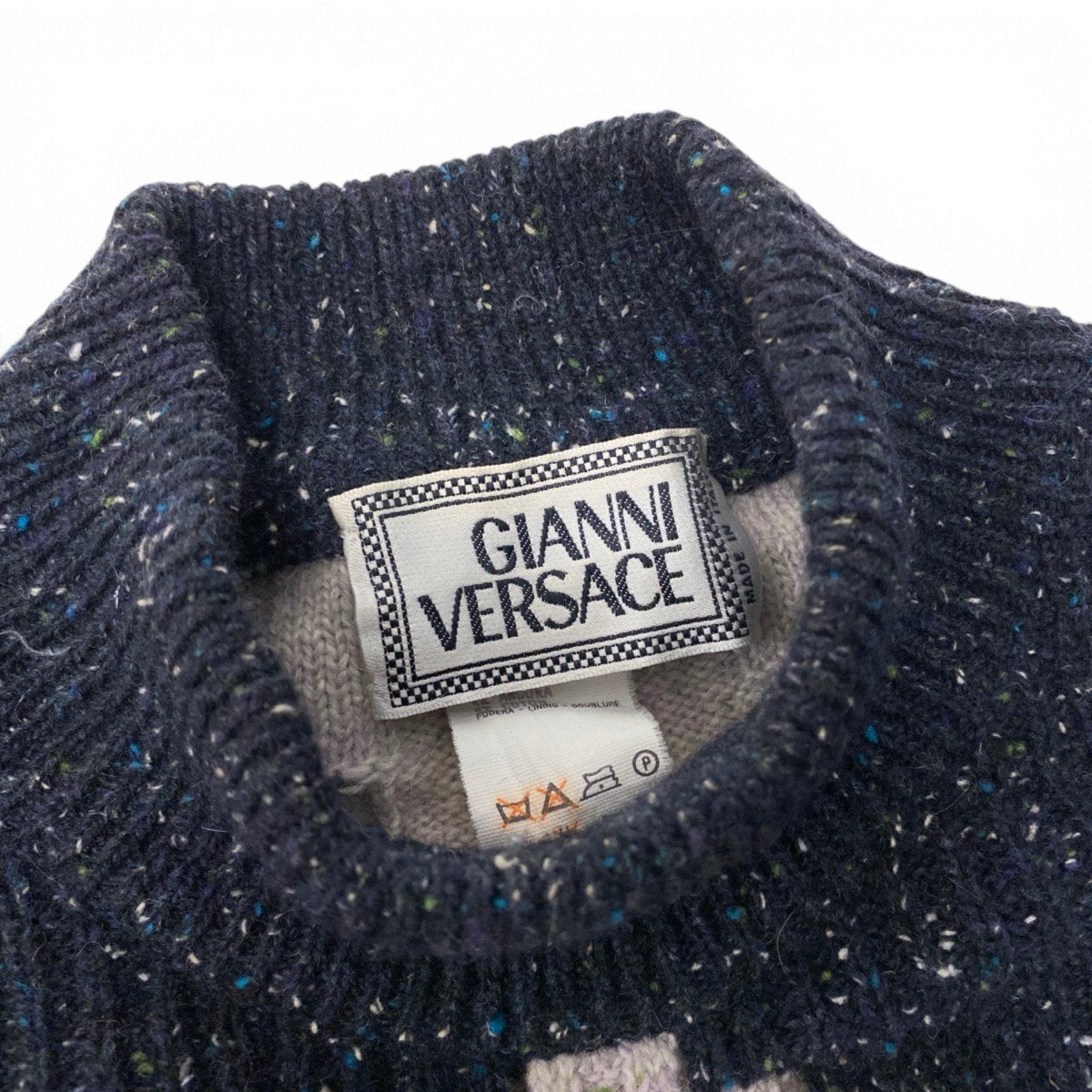 66j4 GIANNI VERSACE ジャンニヴェルサーチ ロングスリーブニットセーター リブニット アーガイル柄 イタリア製 ネイビー メンズ 男性用u02t