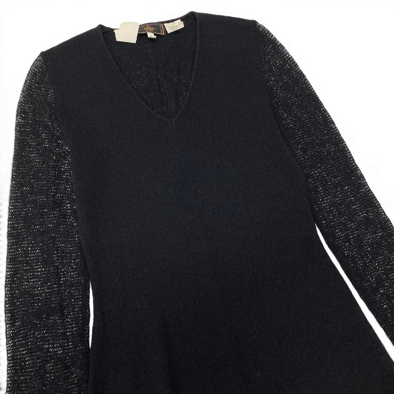 11e29 FENDI フェンディ 切替ニット ロングワンピース Vネック シアースリーブ サイズ40 ブラック レディース 女性服o07t