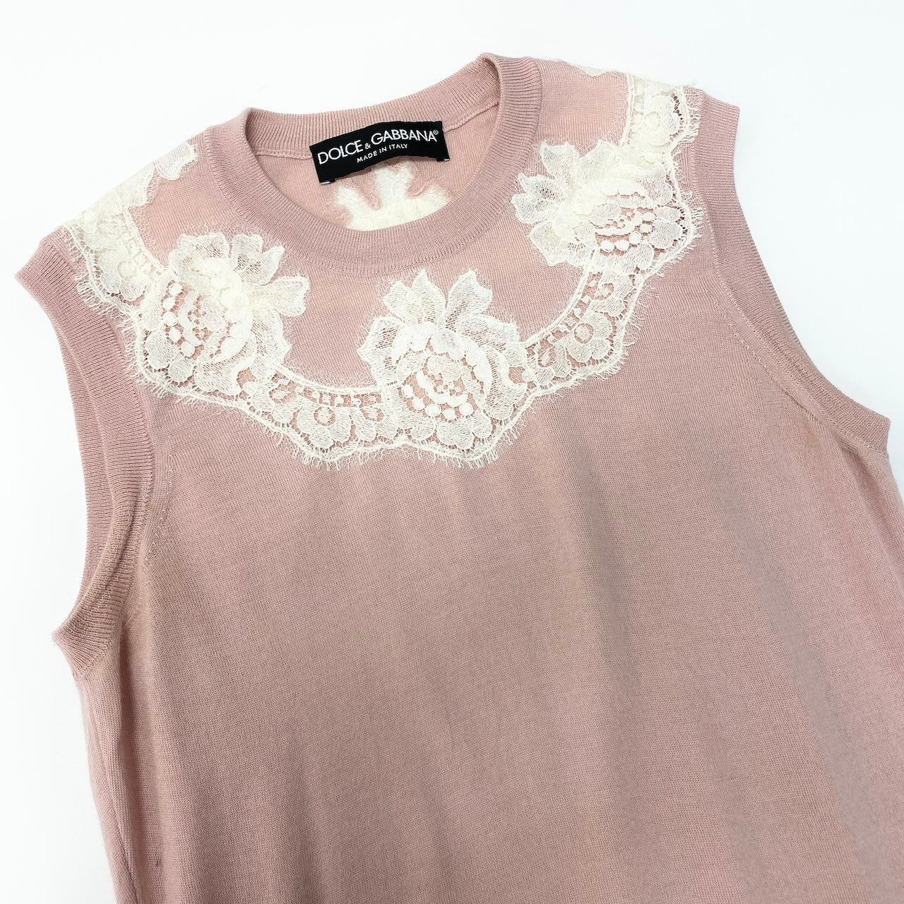 60e1 DOLCE&GABBANA ドルチェアンドガッバーナ ノースリーブ ニットプルオーバー 花柄レース ニットベスト 薄手 サイズ38 ピンク レディース 女性服u02t