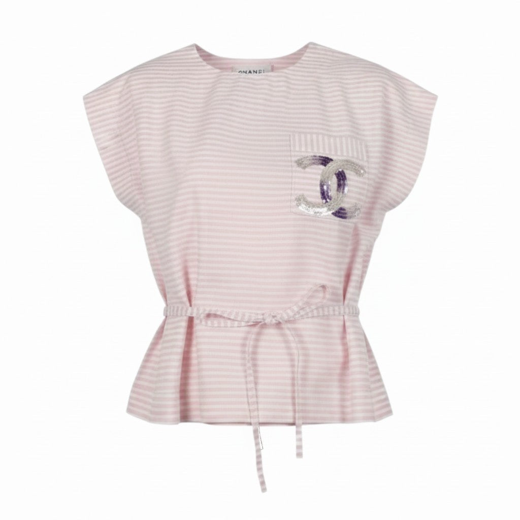 Ce29 《未使用品》 定価60万 CHANEL シャネル 24C ココマーク スパンコール ボーダーシャツ 24C Coco Rose Blanc Blouse Top P76405 42 ピンク タグ付t18r