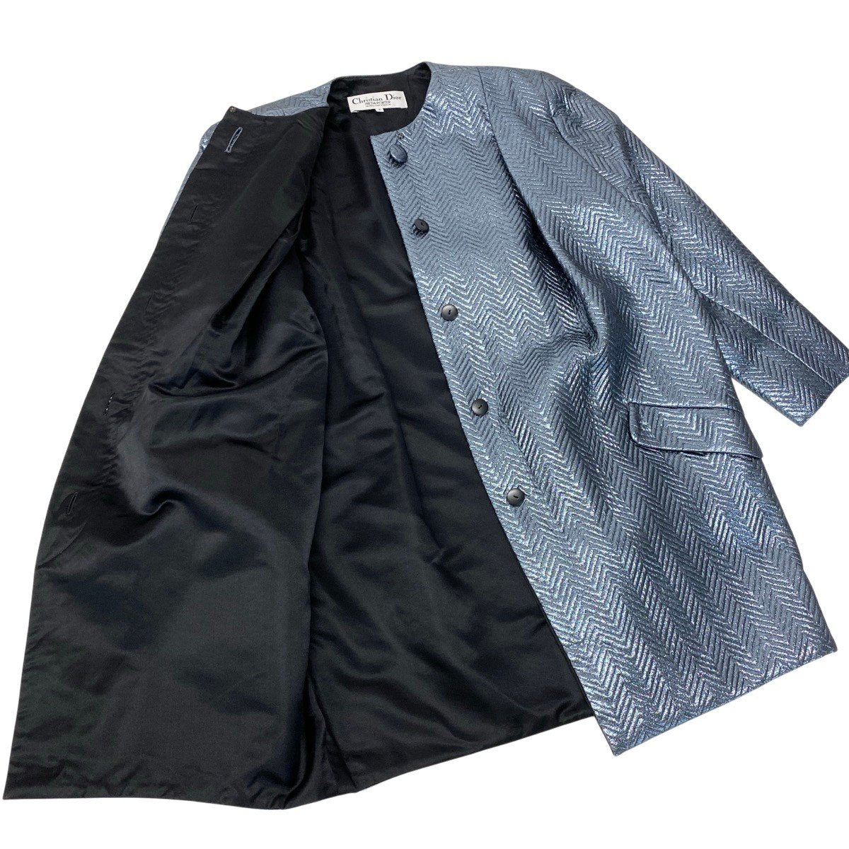 20g16【極美品】Christian Dior クリスチャンディオール ノーカラーコートジャケット メタリック ヘリンボーン アウター 9サイズ ブルーグレー レディース 女性用u02t