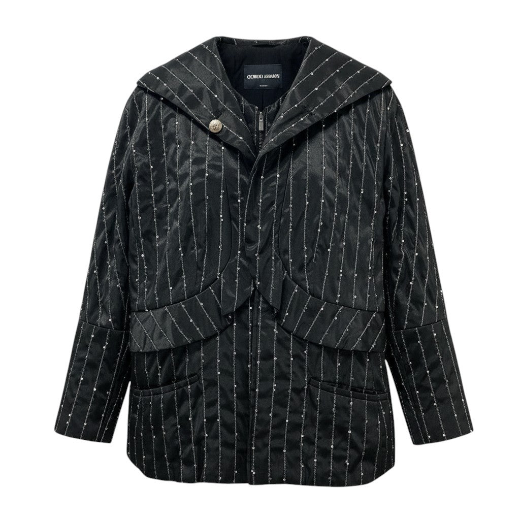 72e21 GIORGIO ARMANI ジョルジオアルマーニ 変形ジャケット ストライプ スパンコール ダブルジップ アウター イタリア製 46サイズ ブラック レディース 女性用t18r
