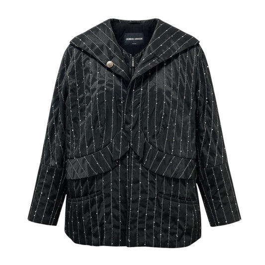 72e21 GIORGIO ARMANI ジョルジオアルマーニ 変形ジャケット ストライプ スパンコール ダブルジップ アウター イタリア製 46サイズ ブラック レディース 女性用t18r