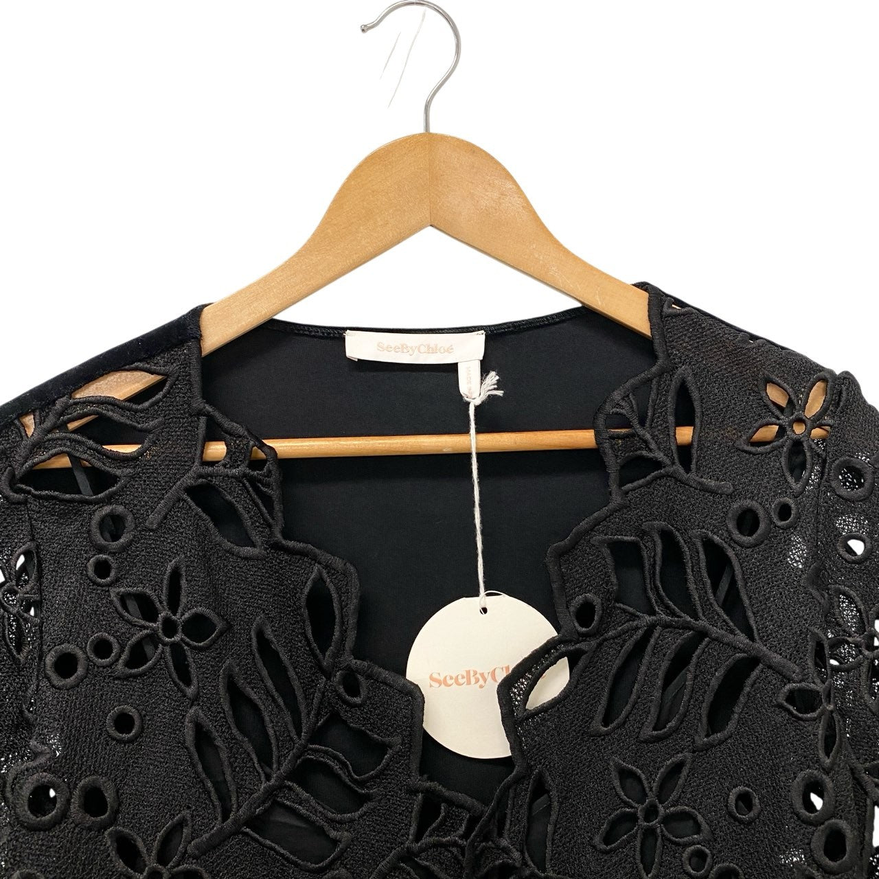 87c6 【美品】SeeByChloe シーバイクロエ 花柄レースワンピース 異素材切替 ベロア 36サイズ ブラック ポリエステル100％ レディース 女性用u02t