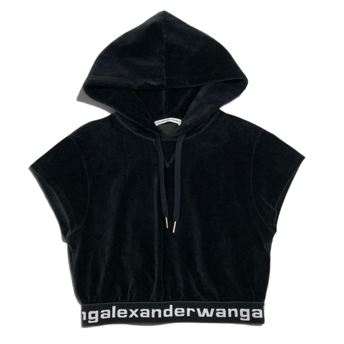 i25 alexanderwang.t クロップドフーディー パーカー 半袖 ベロア ロゴバンド Sサイズ ブラック レディース 女性用u02t