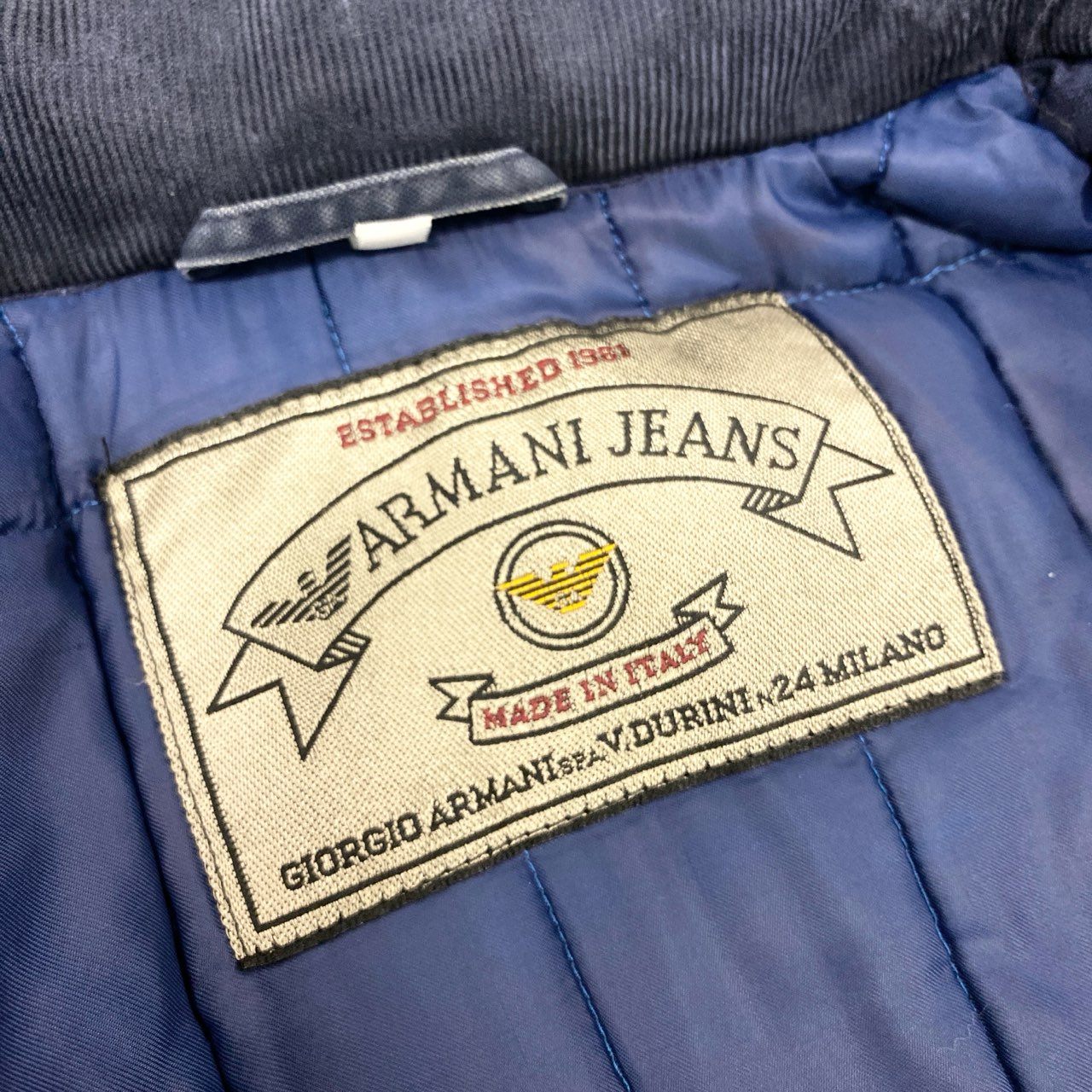 27j22 ARMANI JEANS アルマーニジーンズ ミリタリーコート ミリタリージャケット 90’s アーカイブ フーディー 48サイズ ネイビー メンズu02t