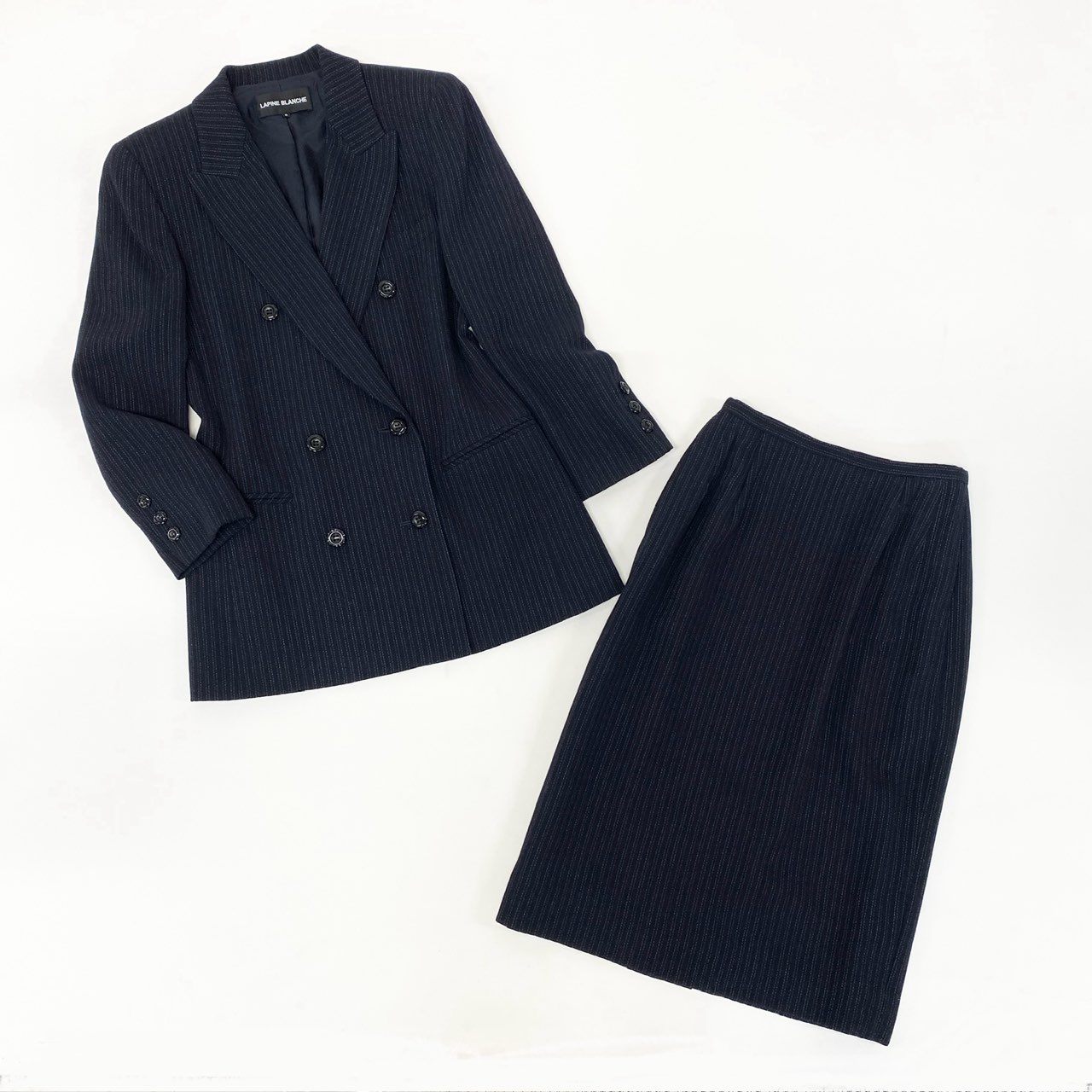 4k23《美品》 LAPINE BLANCHE ラピーヌブランシュ セットアップスカート ダブルブレストジャケット ストライプ柄 ウール混 レディース 女性用 9 ネイビーu02t