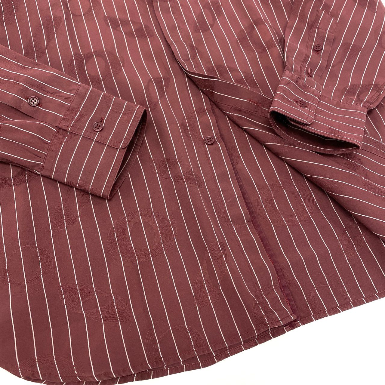 35j22 GIANNI VERSACE ジャンニヴェルサーチ 長袖シャツ ストライプ 透かし総柄模様 サイズ50 ボルドー コットン メンズ イタリア製u02t