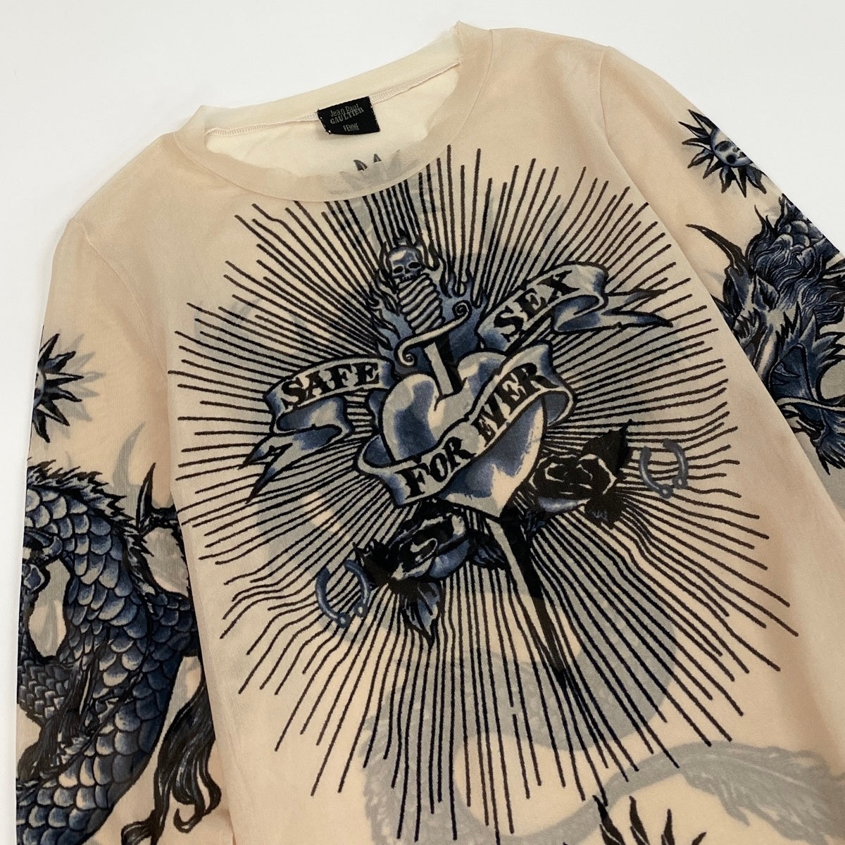 Ae14 Jean Paul GAULTIER FEMME ジャンポールゴルチエ フェム パワーネット タトゥードラゴン メッシュカットソー 長袖 サイズ40 アイボリー レディース 女性服k02i