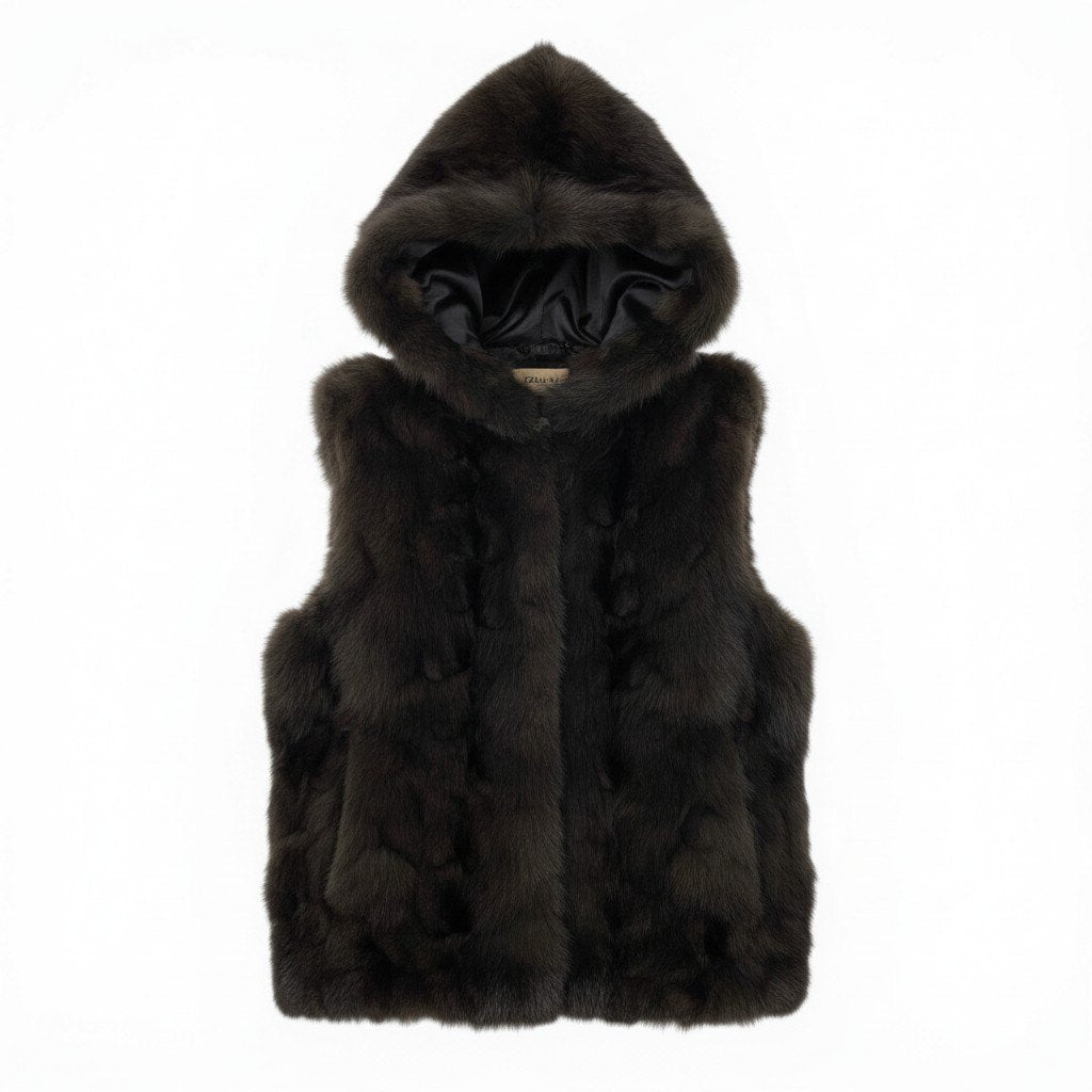 E VIOLETA ビオレタ ファーベスト 毛皮ベスト ファーコートジャケット フーディー Mサイズ ダークブラウン レディース 女性用nu1