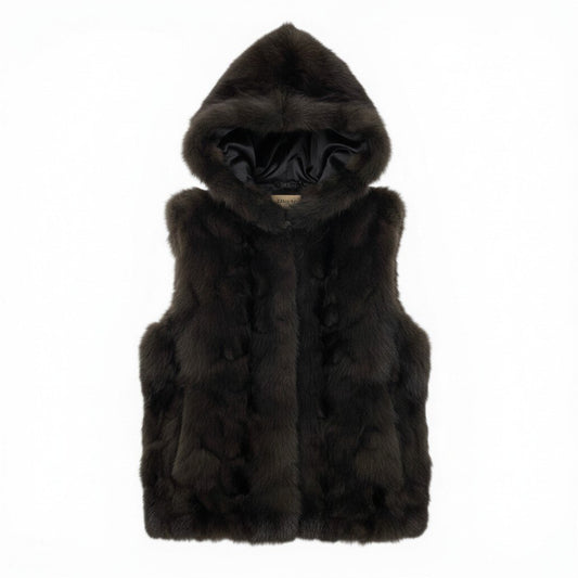 E VIOLETA ビオレタ ファーベスト 毛皮ベスト ファーコートジャケット フーディー Mサイズ ダークブラウン レディース 女性用nu1