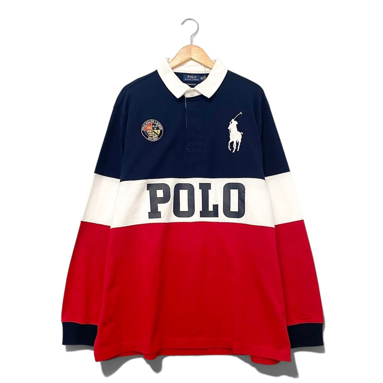 62i1 【未使用タグ付】 POLO RALPH LAUREN ポロラルフローレン CUSTOM SLIM FIT ロゴプリント 長袖ポロシャツ トリコロール ビッグポニー XXL ネイビー ホワイト レッド コットン100％ メンズu02t