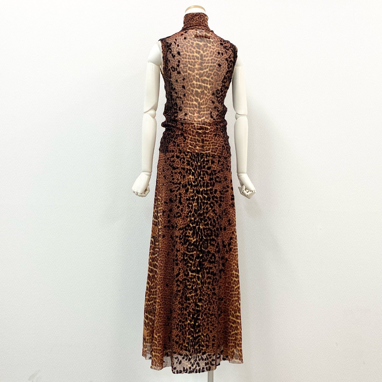 75f24 Jean Paul Gaultier ジャンポールゴルチエ パワーネット フロッキー レオパードプリント カットソー スカート セットアップ イタリア製 Lサイズ ブラウン系