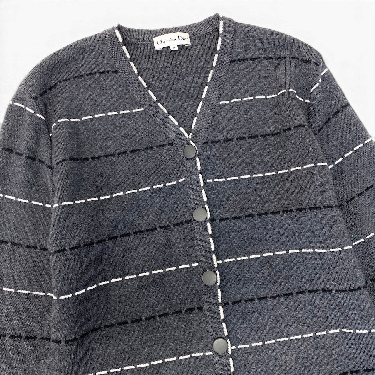 84e29 Christian Dior クリスチャンディオール ロング ニットカーディガン  ボーダー KW30N4027 サイズM グレー ウール×レーヨン レディース 女性服o07t