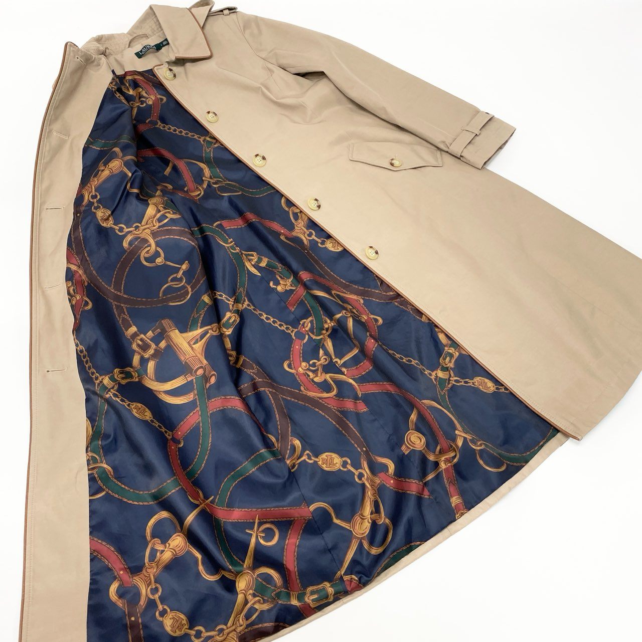 51Ⅼ2 LAUREN RALPH LAUREN ローレン ラルフローレン トレンチコート ロングコート フード取り外し可 2way レザーパイピング 裏地総柄 レディース L  ベージュu02t