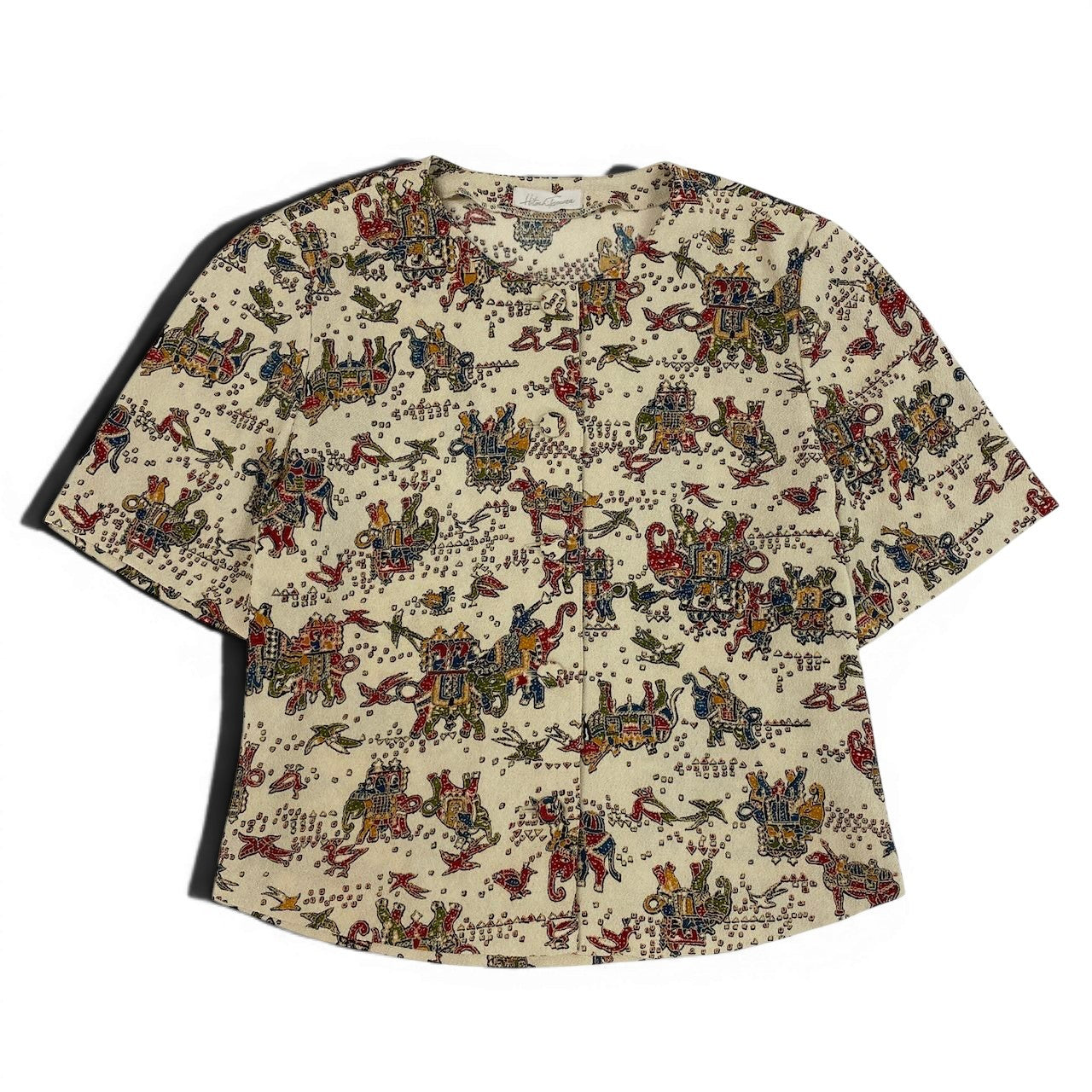 40d16 【美品】 Hitoshi Tamura ヒトシタムラ 半袖 シャツジャケット ノーカラーシャツ ちりめん 総柄プリント クルミボタン アイボリー ポリエステル100％ レディース 女性用u02t
