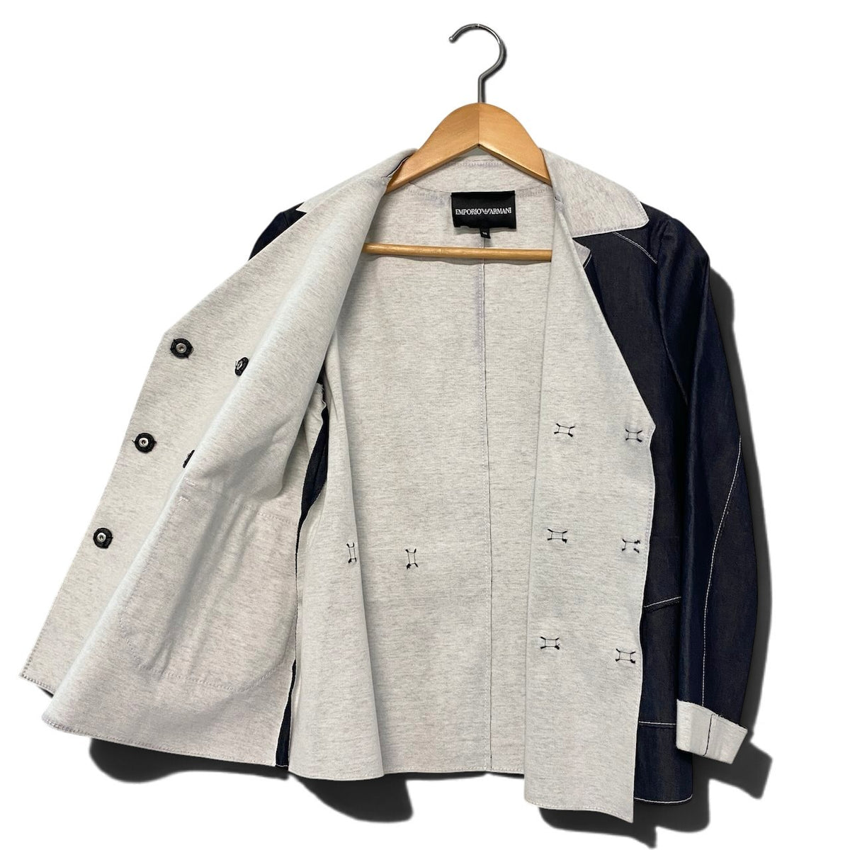 57j22 EMPORIO ARMANI エンポリオアルマーニ ダブルブレスト ジャケット デニム 切替 38 インディゴ ライトグレー コットン レディースo07t