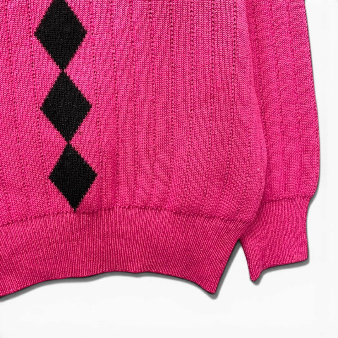 40f15 YVES SAINT LAURENT イヴサンローラン クルーネック ニットセーター アーガイル柄 ロングスリーブニット サイズM ピンク ウール100％ レディース 女性服o07t
