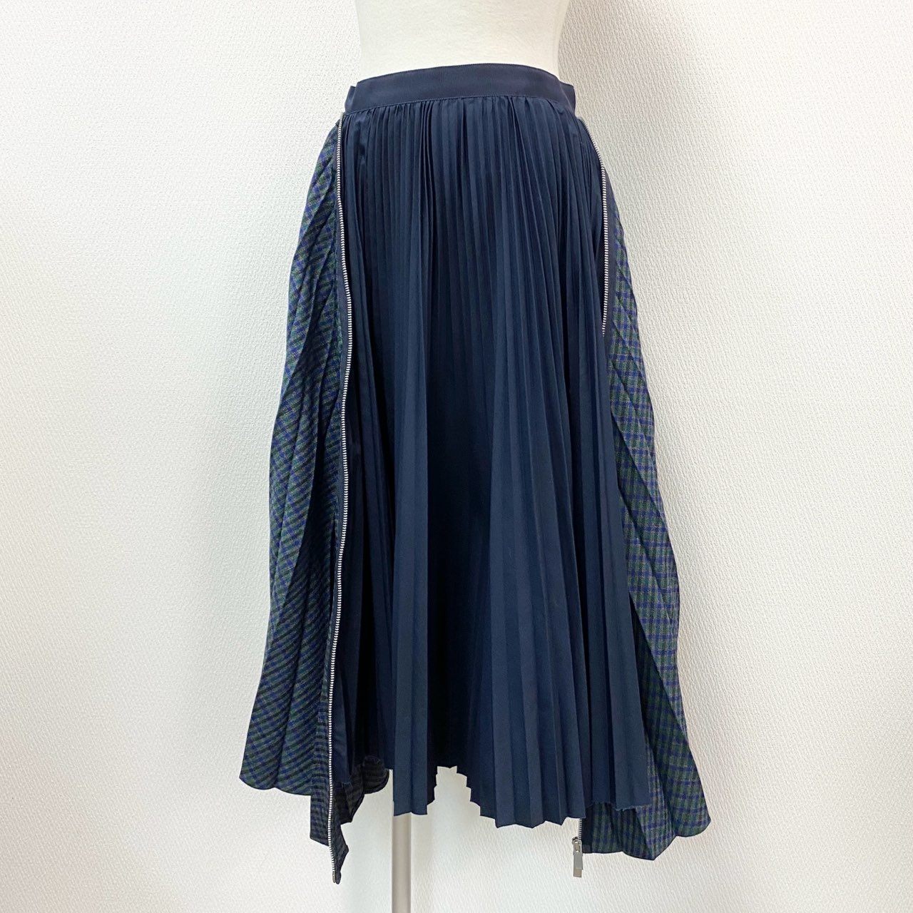 72a14 Sacai サカイ Zip Detail Pleated Skirt ジップデザイン プリーツスカート 19-04598 1 ネイビー 画像参照 日本製 チェック柄