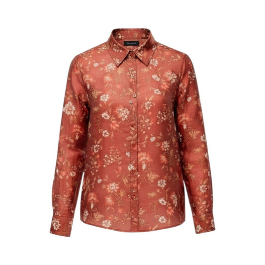 45c6 ETRO エトロ シアーシャツ フラワープリント 花柄 ロングスリーブ シルク混紡 レディース 女性服 サイズ44 レッド系u02t