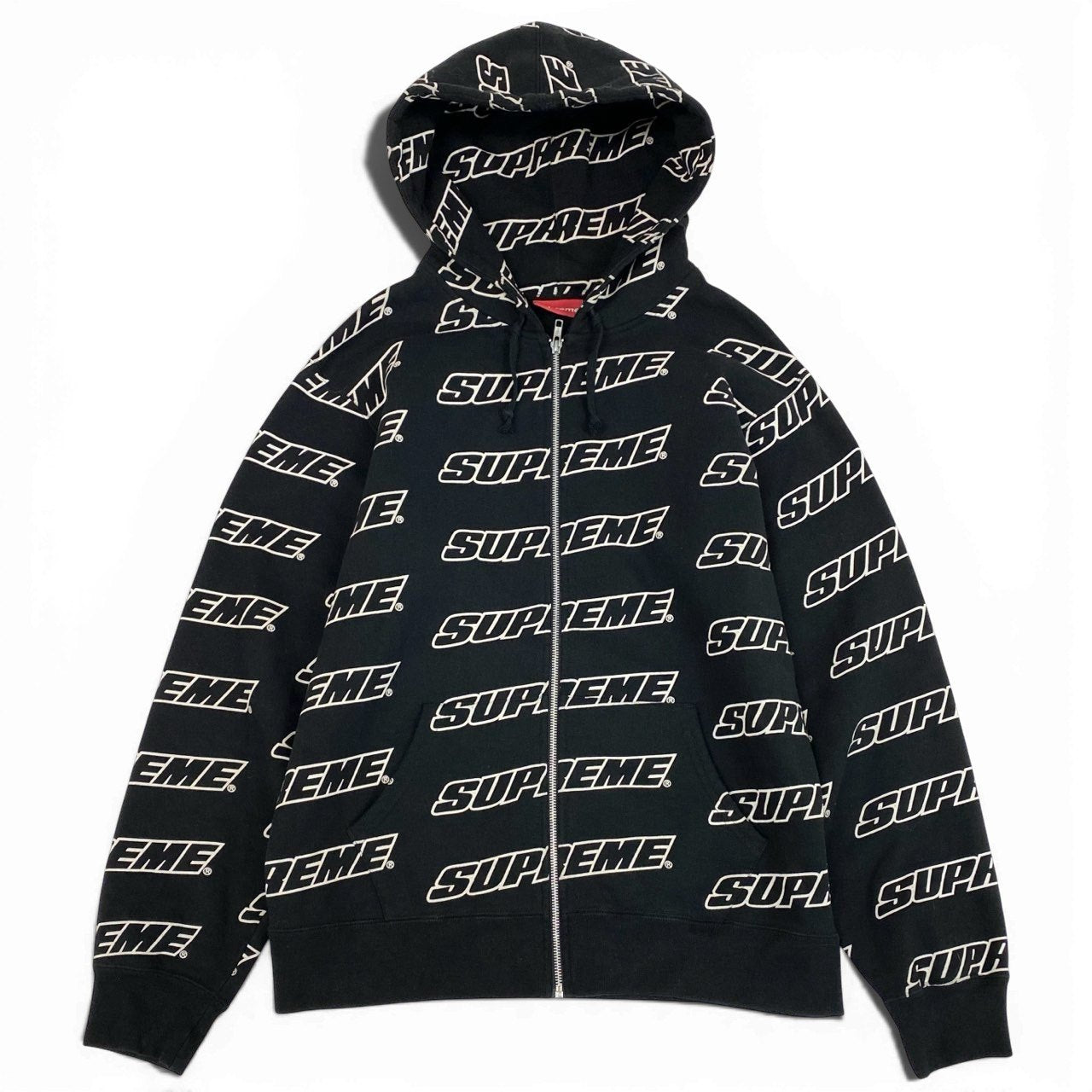 78a21 Supreme シュプリーム 18ss Repeat Zip Up Hooded Sweatshirt  フルジップ スウェット パーカ 総柄 ロゴプリント 裏起毛 メンズ 2018SS0329009 サイズM ブラック コットン100％u02t
