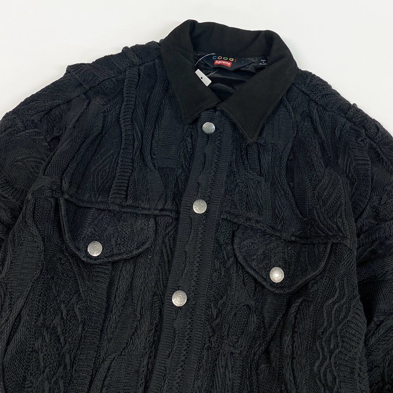 56j20 《美品》 Supreme シュプリーム × Coogi クージー 3D Knit Trucker Jacket ニットトラッカージャケット L ブラック 半タグ付き コラボアイテム ダブルネームt18r