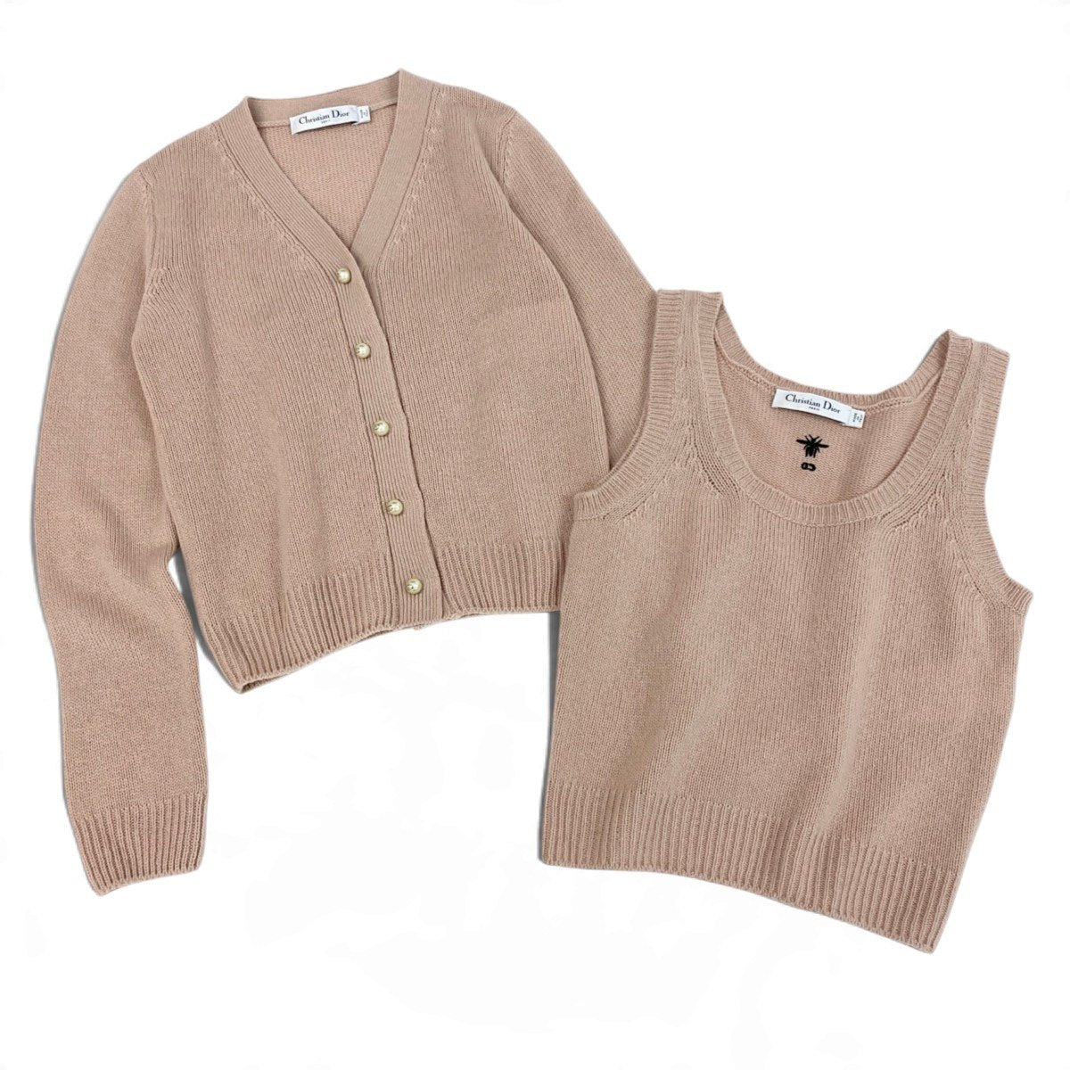 Ej15 【美品】 Christian Dior クリスチャンディオール アンサンブルニット トライバル Bee刺繡 354W01AM082 サイズ36 ピンクベージュ カシミヤ100％ レディースo07t