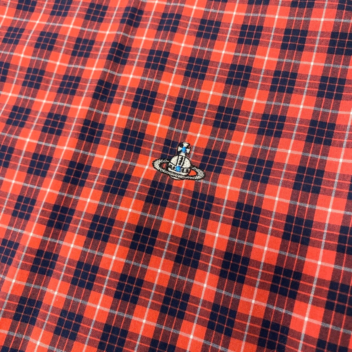 23e7 VivienneWestWood MAN ヴィヴィアンウエストウッドマン ロゴ刺繡 チェックシャツ 半袖シャツ サイズ50 レッド ネイビー コットン100％ メンズ 紳士服u02t