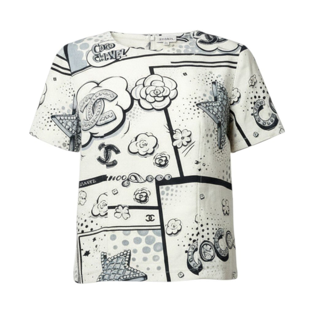 b23 CHANEL シャネル P80342 2025SS CCロゴ 半袖シルクブラウス 半袖トップス サイズ38 オフホワイト系 レディース Tシャツta1