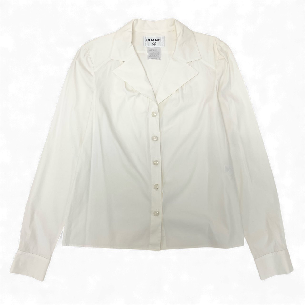 k30 CHANEL シャネル フランス製 オープンカラー 長袖シャツ ココマーク コットンブレンド レディース 女性用 38 ホワイトu02t