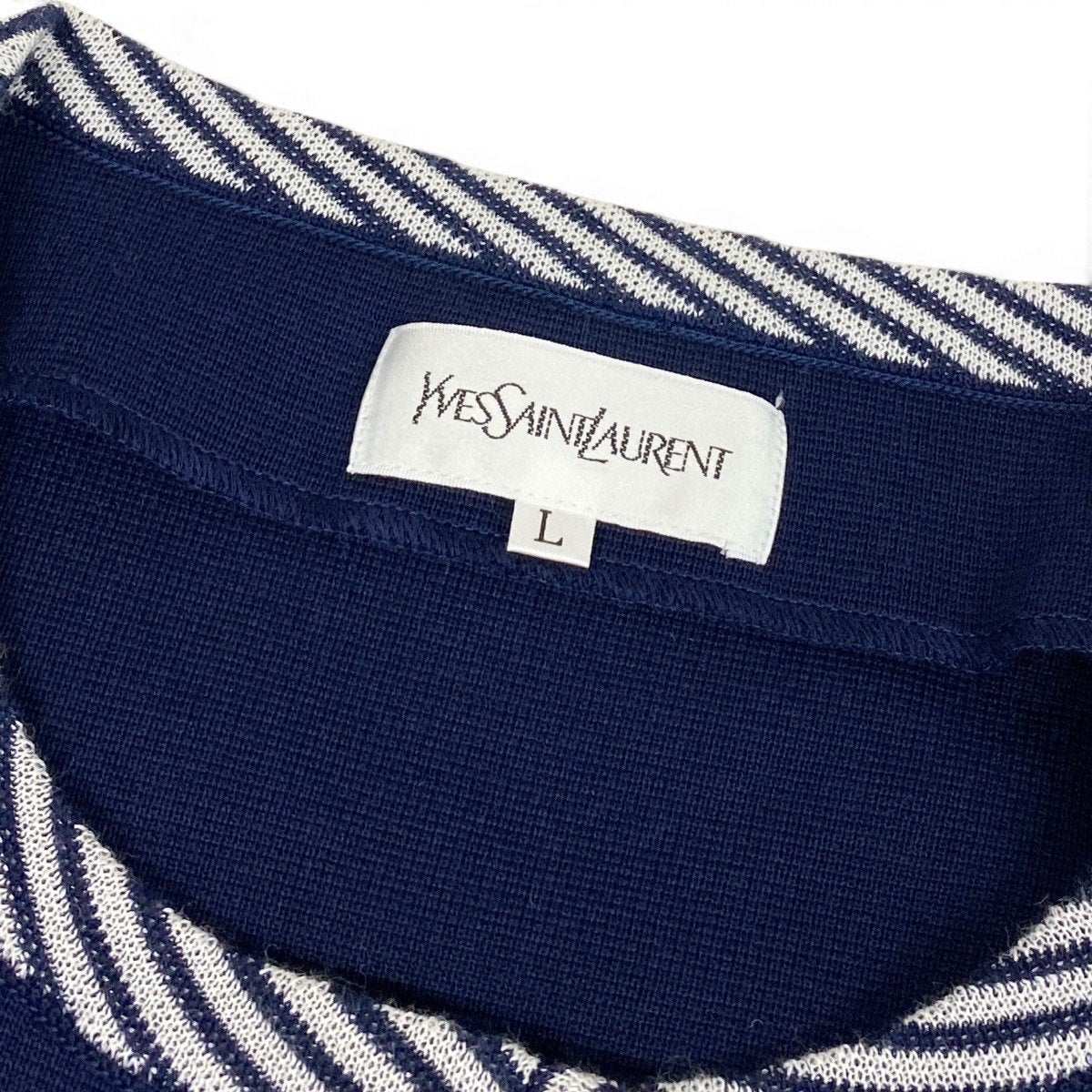 Eg11 YVES SAINT LAURENT イヴサンローラン ノーカラー ニットコート ストライプ柄 サイズL ネイビー レディースo07t
