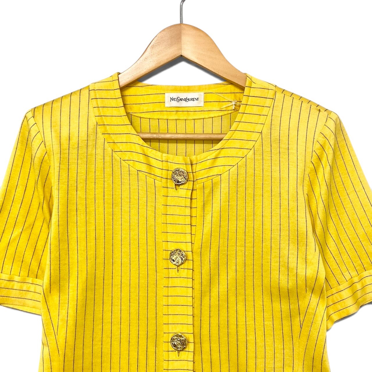 80i10 YVES SAINT LAURENT イヴサンローラン 半袖シャツ シャツジャケット 金ボタン ストライプ柄 サイズM イエロー コットン100％ レディースo07t