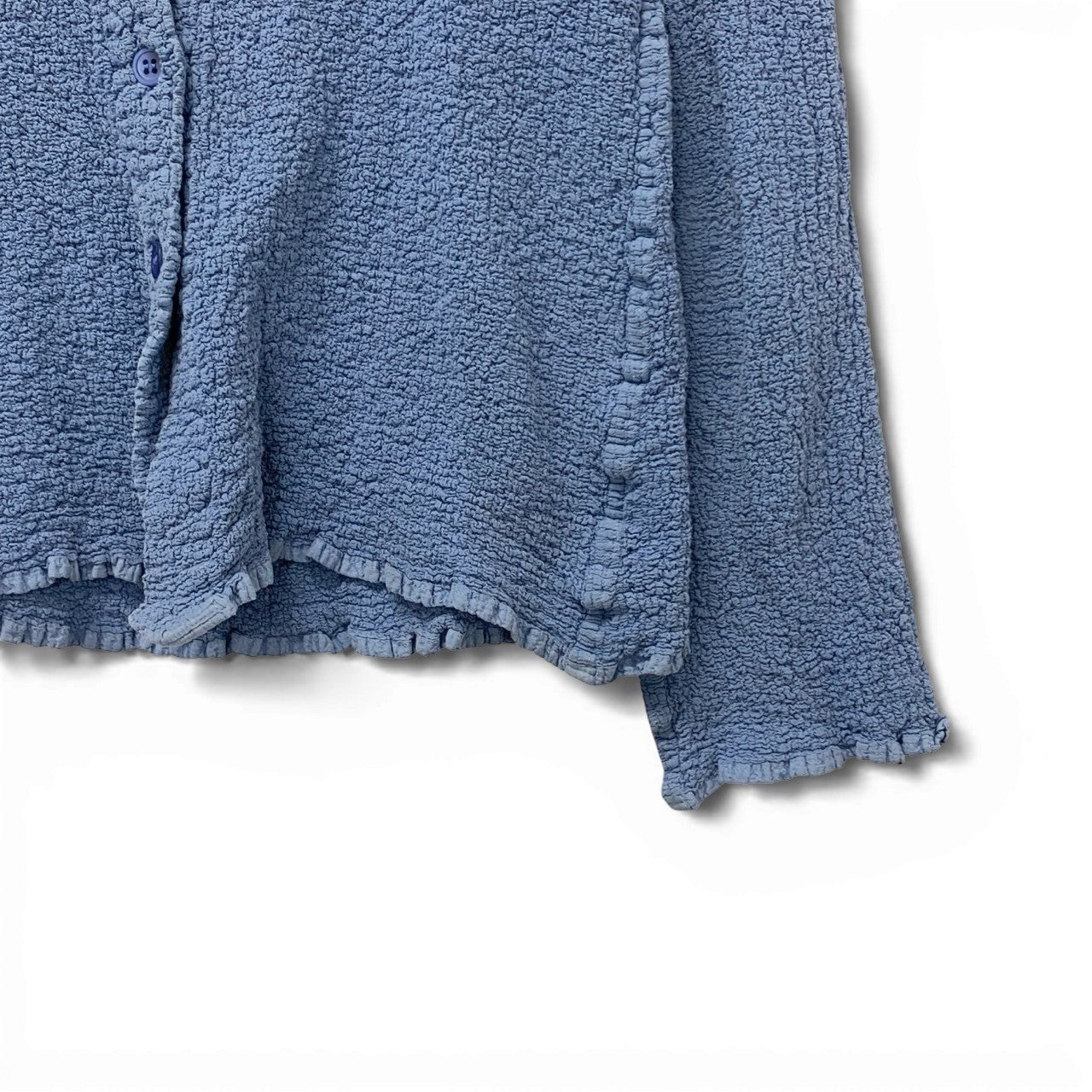 39b13 ISSEY MIYAKE me イッセイミヤケ ミー カリフラワーカーディガン ノーカラージャケット しわ加工 MI72FO449 ブルー レディースu02t