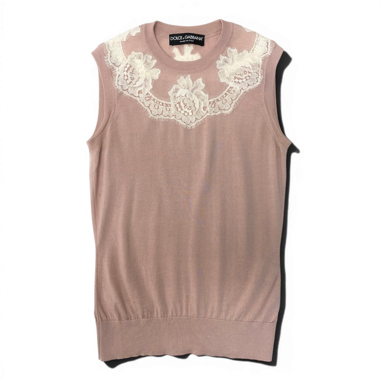 60e1 DOLCE&GABBANA ドルチェアンドガッバーナ ノースリーブ ニットプルオーバー 花柄レース ニットベスト 薄手 サイズ38 ピンク レディース 女性服u02t