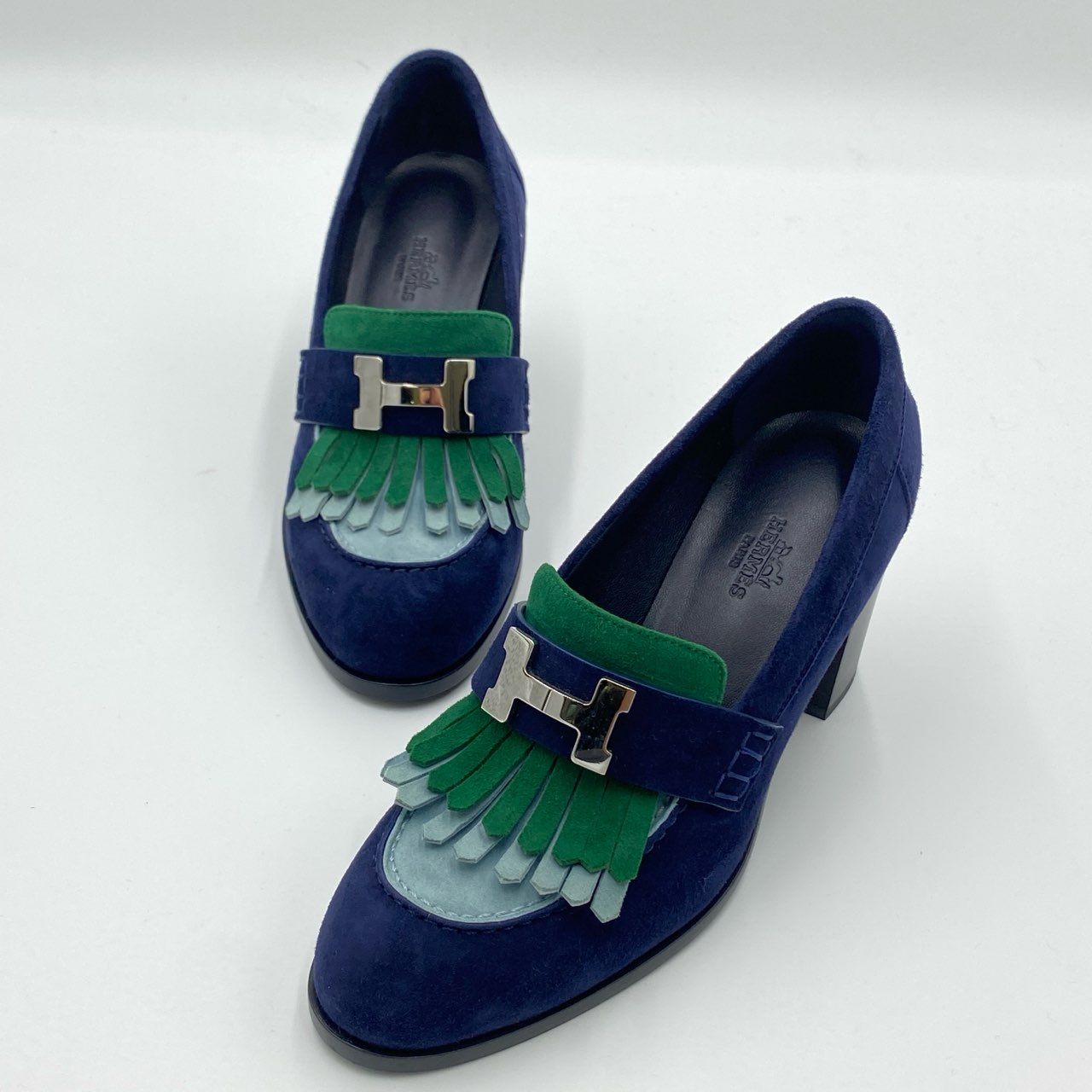 5h29 《極美品》 HERMES エルメス エリゼ70 ロワイヤル フリンジ パンプス 36 1/2 ネイビー スエードレザー シューズ 箱 保存袋付属t18r