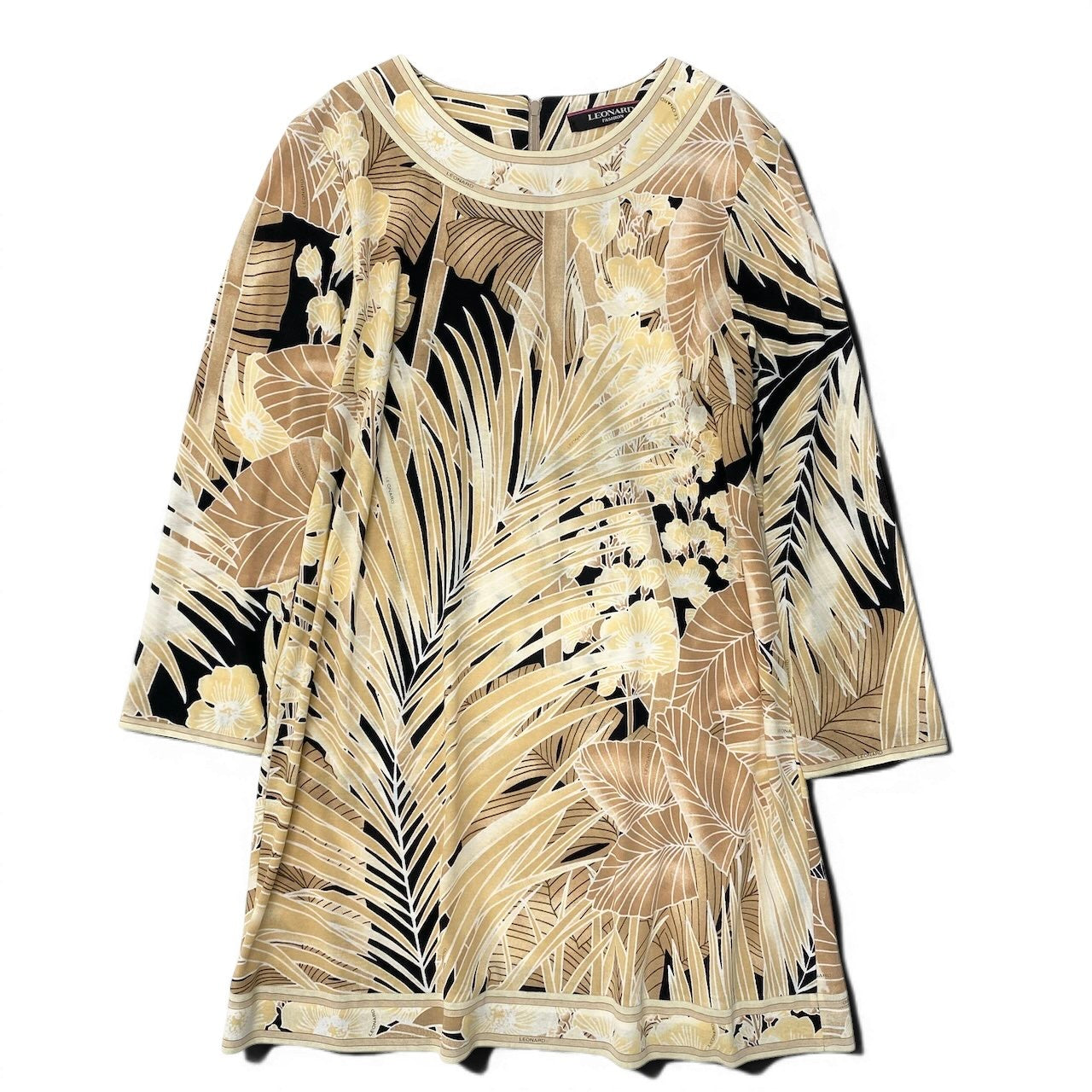 13e8 【美品】 LEONARD FASHION レオナール チュニックワンピース ロングスリーブ チュニック カットソー 美しい花柄プリント サイズ38 マルチカラー コットン100％ レディース 女性用u02t
