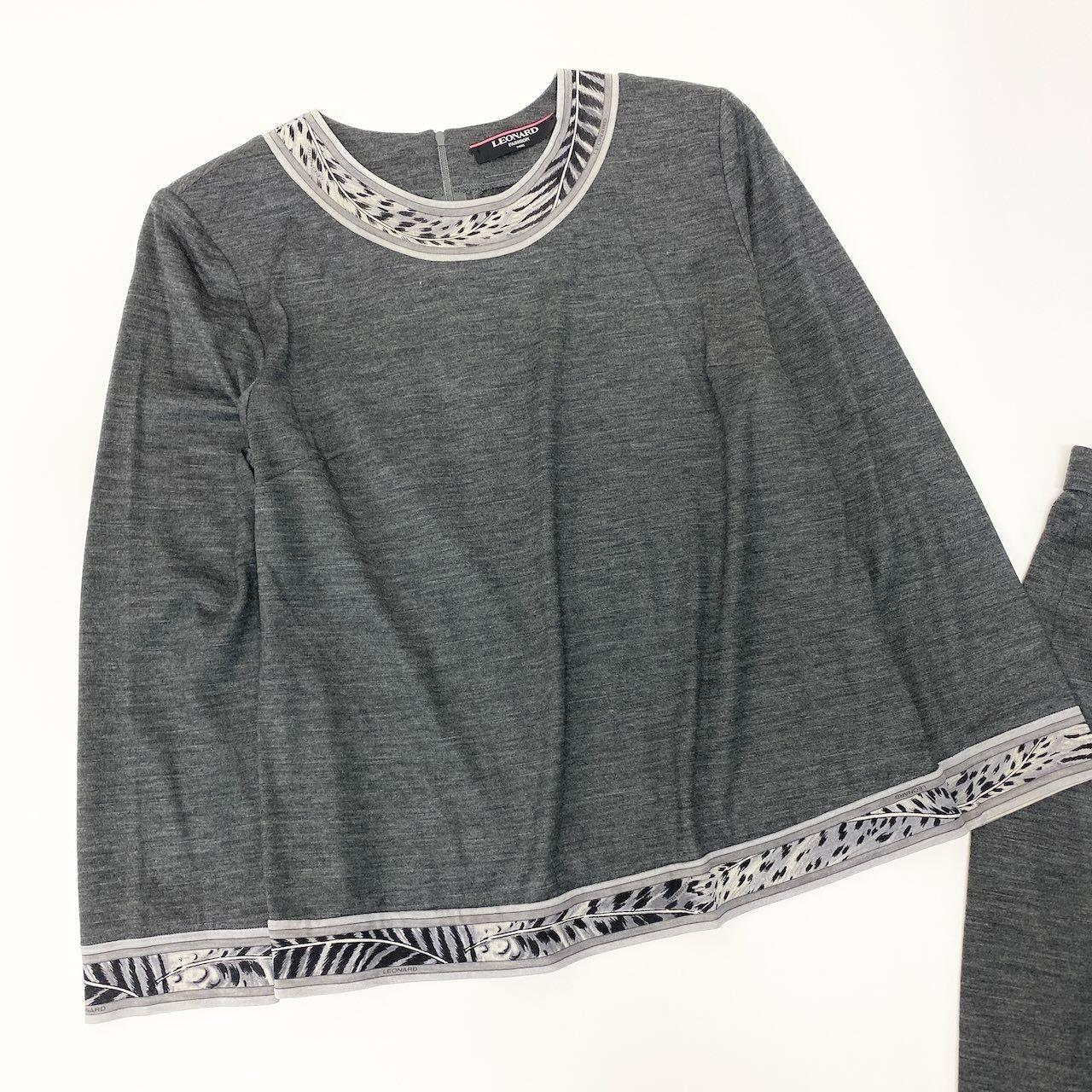 63d13 LEONARD FASHION レオナール スカートセットアップ ロングスリーブカットソー 膝丈スカート LL グレー ウール100％ レディース 女性用o07t