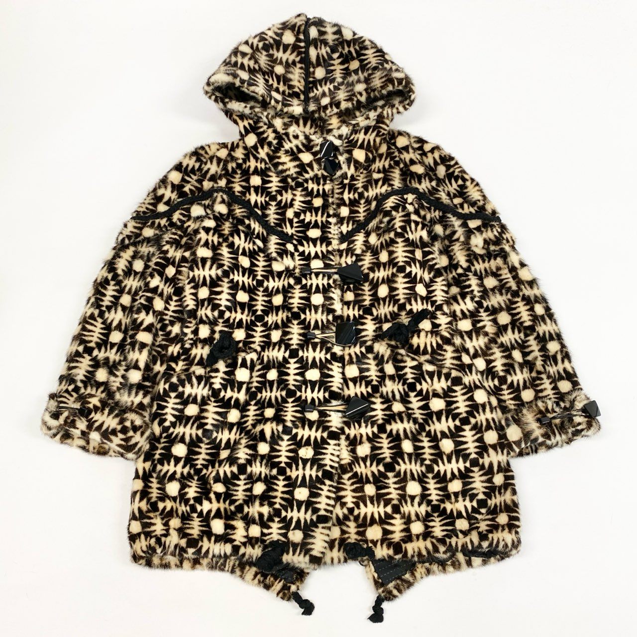 26L5 《希少》 SGOURIDIS 総柄ミンク フード付き ロングコート サイズF ブラウン ホワイト 最高級本毛皮 レアデザイン MINK FURt18r