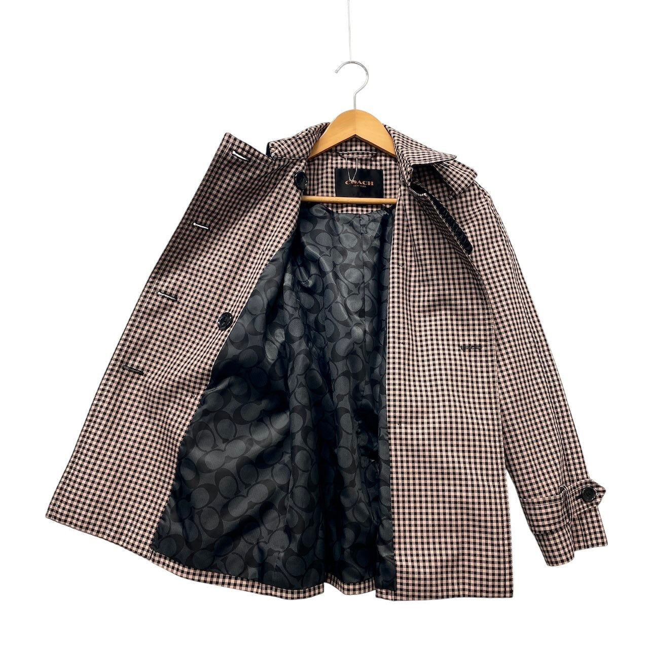 17f18【美品】 COACH コーチ トレンチコート ハーフコート ギンガムチェック 裏地シグネチャー サイズXS ブラック ピンク レディース 女性用u02t