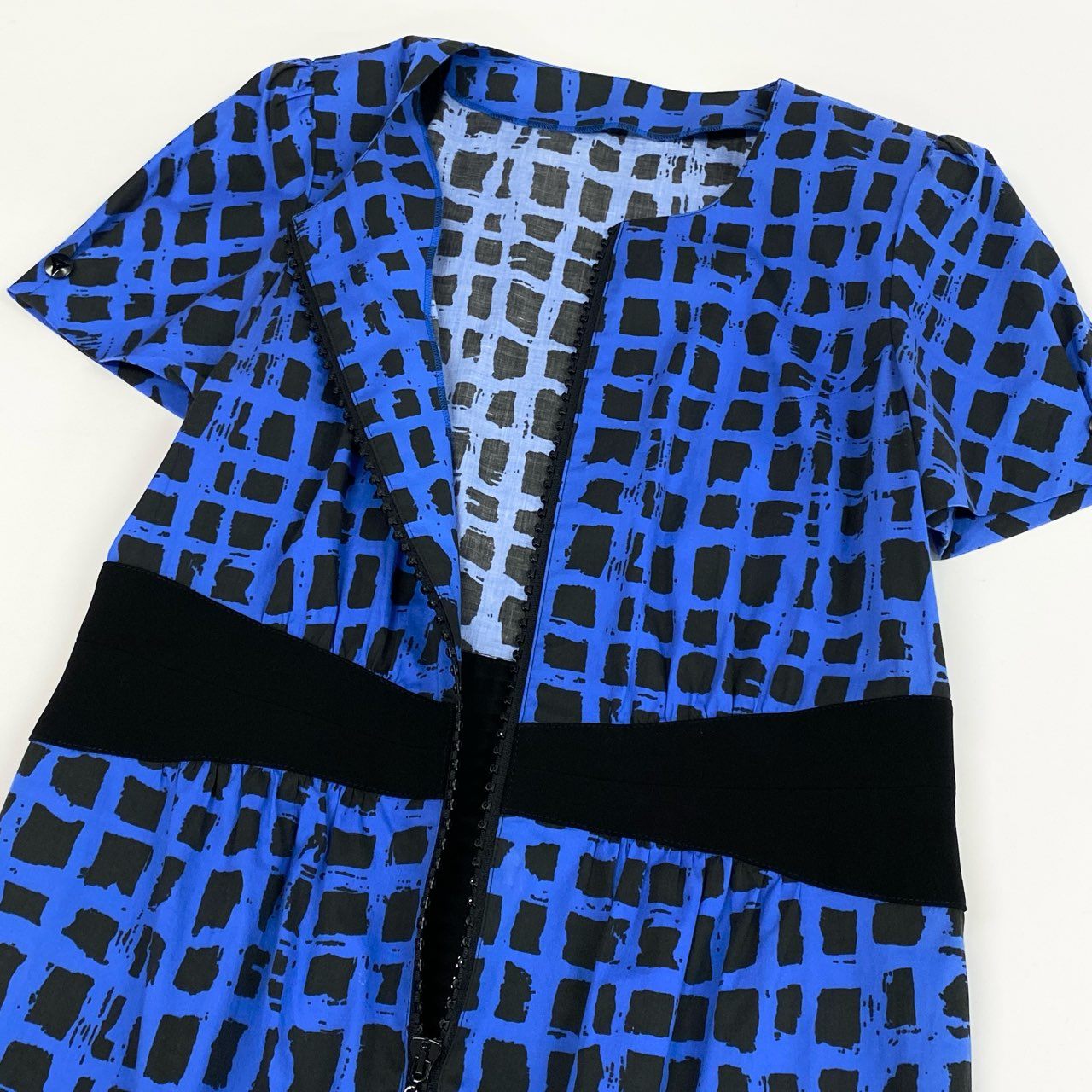 26j24 jun ashida ジュンアシダ 半袖ワンピース ドレス チェック ファスナーデザイン 9サイズ ブルー ブラック レディースu02t