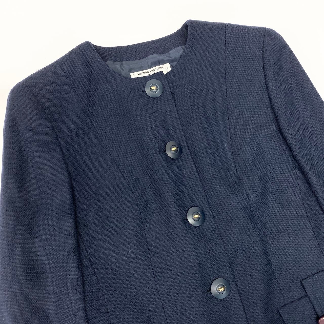 54c19 valentino garavani ヴァレンティノガラヴァーニ セットアップ スカートスーツ セレモニースーツ フォーマル ノーカラージャケット 膝丈スカート レディース 女性服 サイズ40/6 ネイビー ウール100％u02t