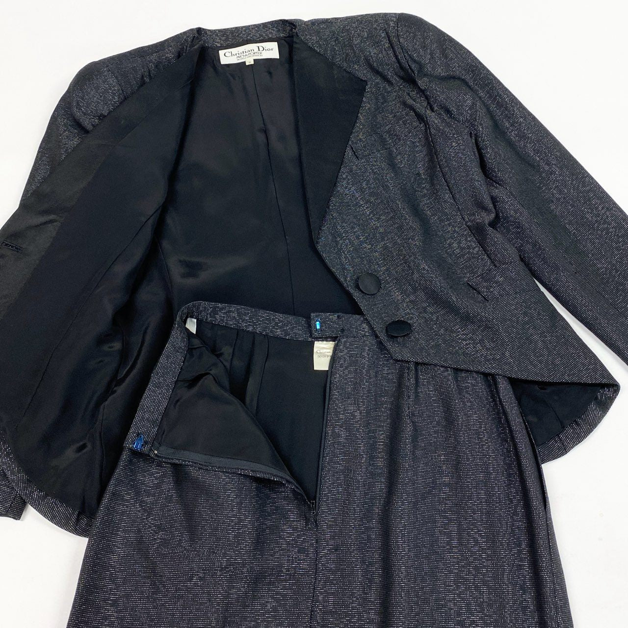 67b3 Vintage Christian Dior クリスチャンディオール セットアップ スカートスーツ 変形 ラメ素材 9 ブラック レディースu02t