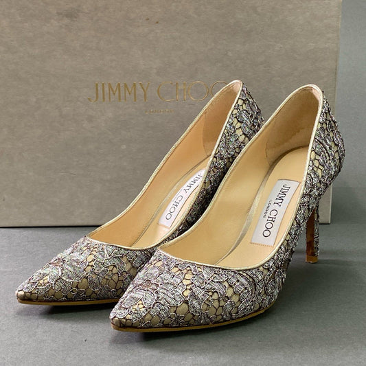 11e26 JIMMY CHOO ジミーチュウ ピンヒールパンプス レース×レザー サイズ35 シルバー系 レディース イタリア製
