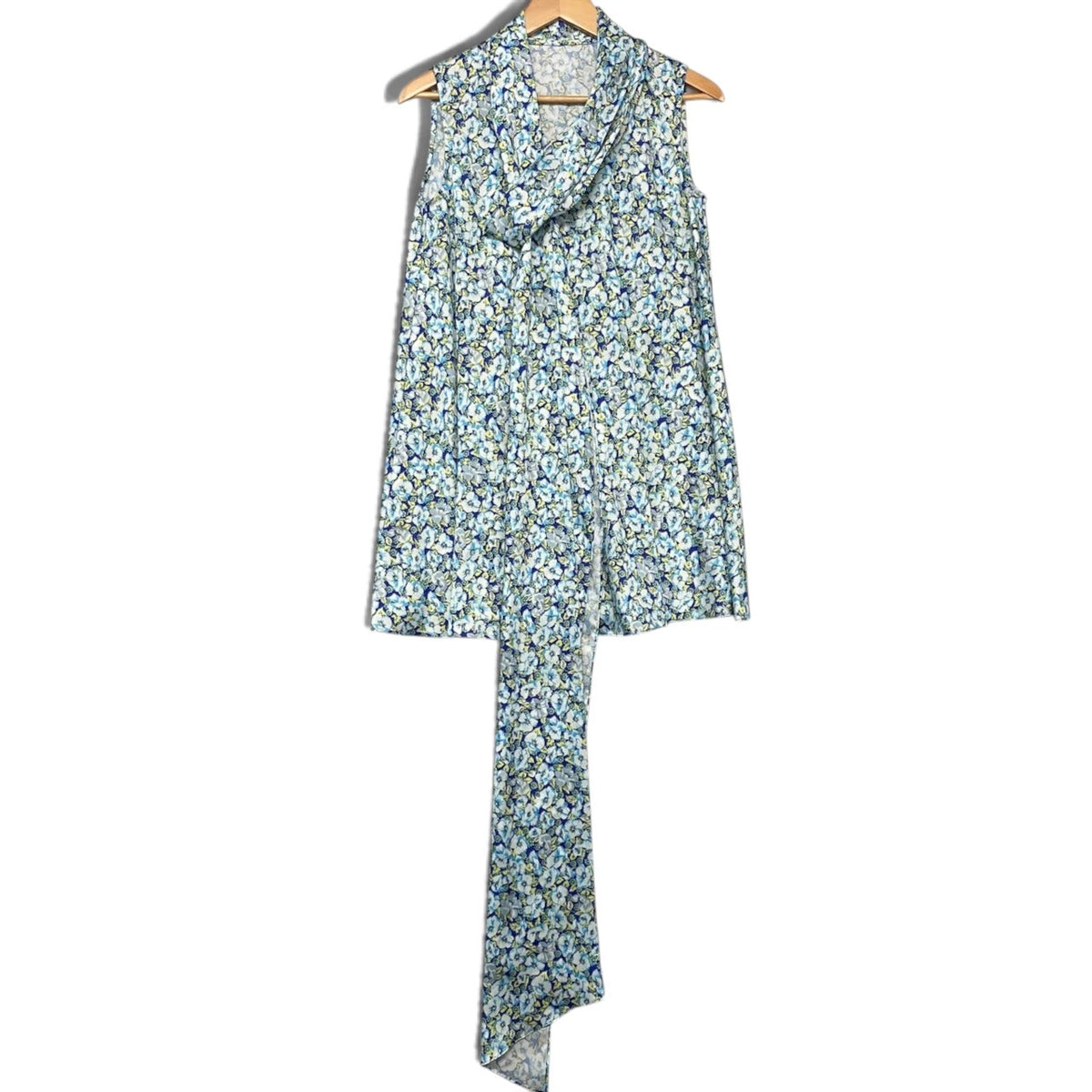 67i14 【極美品】STRASBURGO ストラスブルゴ チュニックワンピース ボウタイブラウス 花柄 38サイズ ブルー系 ポリエステル100％ レディース 女性用u02t